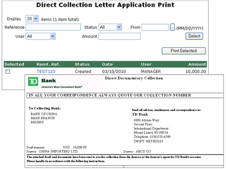 Screenshot of the direct collection letter application print screen and an example of a report.