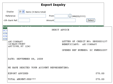 Screenshot of the export letters of credit page with an example of a processed export letter of credit.