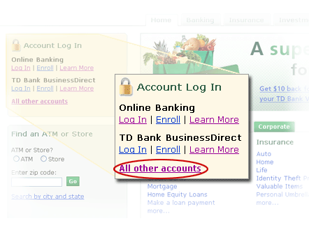 Screenshot of how to login to TD Bank Trade from the website home page.