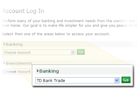 Screenshot of how to login to TD Bank Trade from the account log in page of our website.
