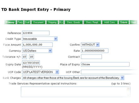Screenshot of creating a new import letter of credit entry - primary page.