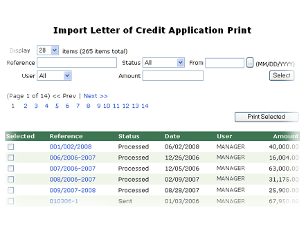 Screenshot of the import letters of credit print page.